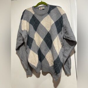 VTG 80s Pringle Scotland Dusty Blue Argyle Wool Blend Knit Golf Sweater Mens XL.